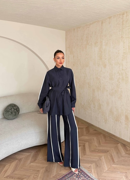 HR-0794H&R ButikPW - Neva Çizgi Detaylı Modal Takım Lacivert