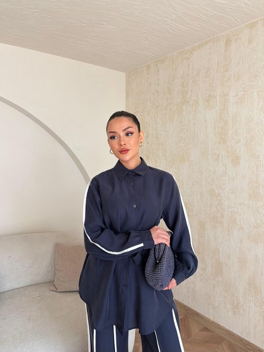 HR-0794H&R ButikPW - Neva Çizgi Detaylı Modal Takım Lacivert