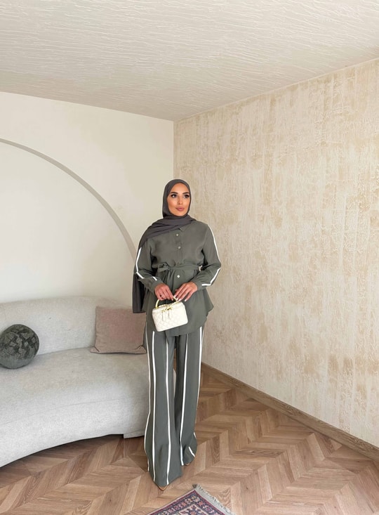 HR-0794H&R ButikPW - Neva Çizgi Detaylı Modal Takım Haki