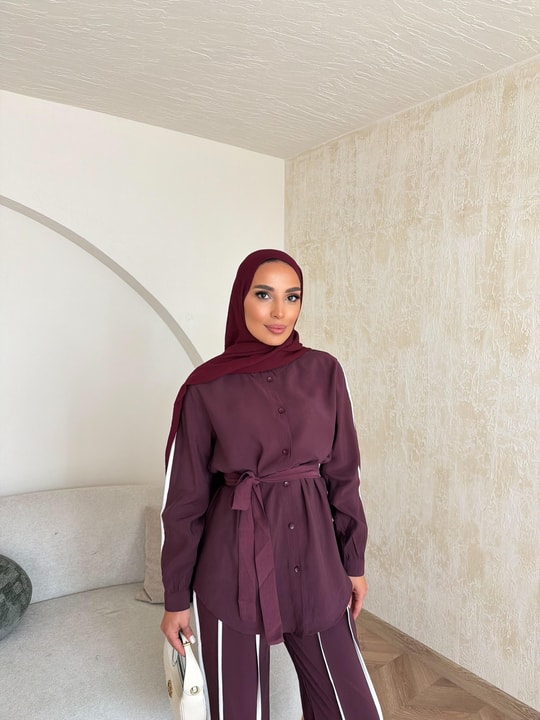 HR-0794H&R ButikPW - Neva Çizgi Detaylı Modal Takım Bordo