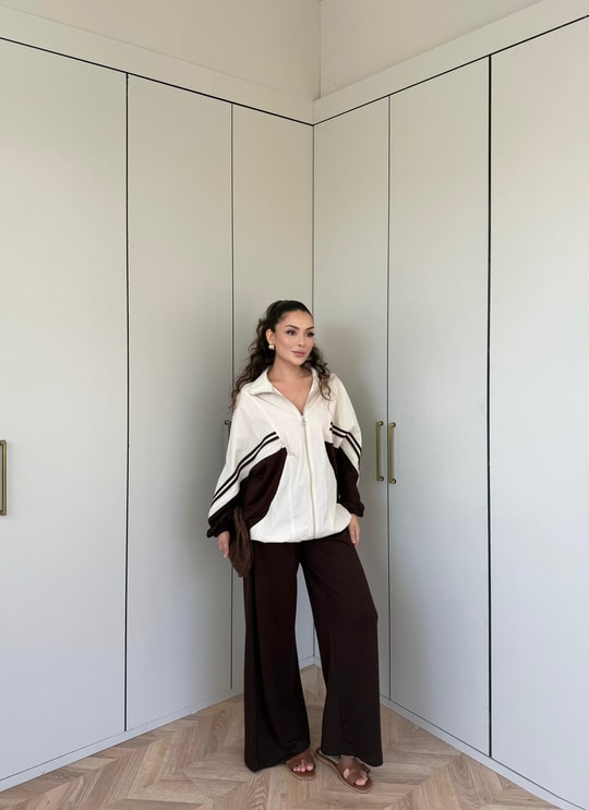 HR-2131H&R ButikPw- Nuril Yan Şerit Ön Fermuarlı Takım Bej Acı Kahve