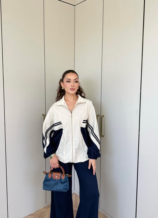 HR-2131H&R ButikPw- Nuril Yan Şerit Ön Fermuarlı Takım Bej Lacivert
