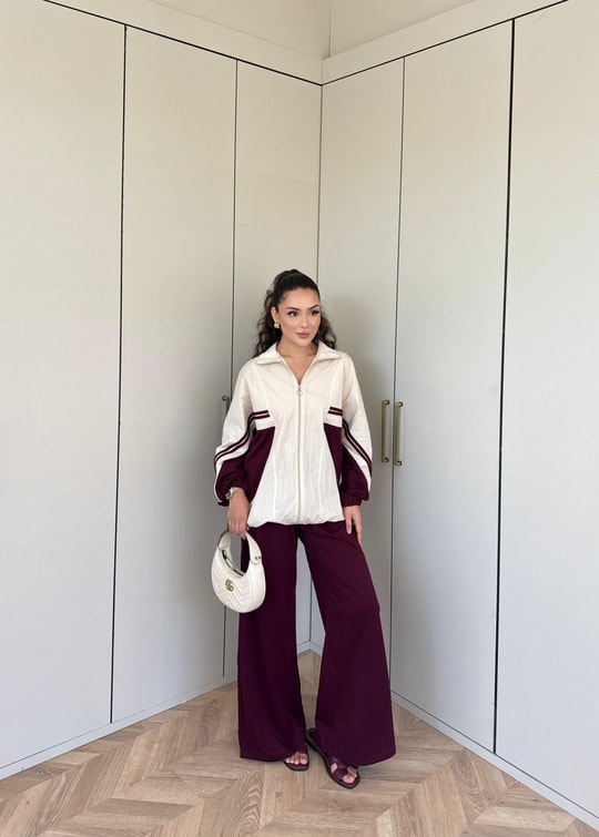 HR-2131H&R ButikPw- Nuril Yan Şerit Ön Fermuarlı Takım Bej Mürdüm