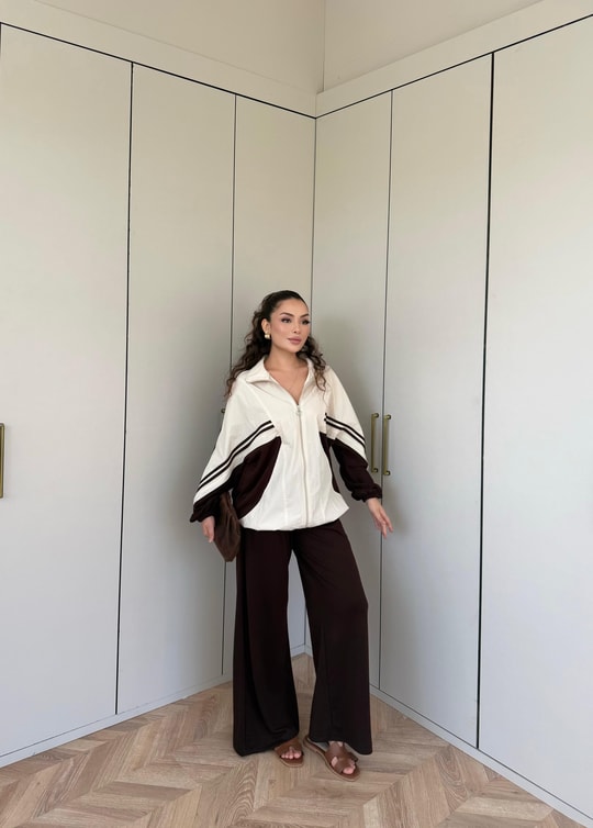 HR-2131H&R ButikPw- Nuril Yan Şerit Ön Fermuarlı Takım Bej Acı Kahve