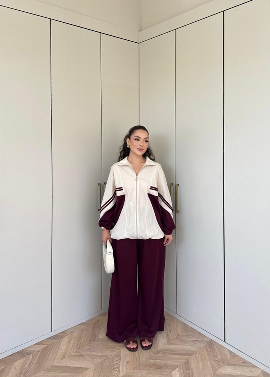 HR-2131H&R ButikPw- Nuril Yan Şerit Ön Fermuarlı Takım Bej Mürdüm