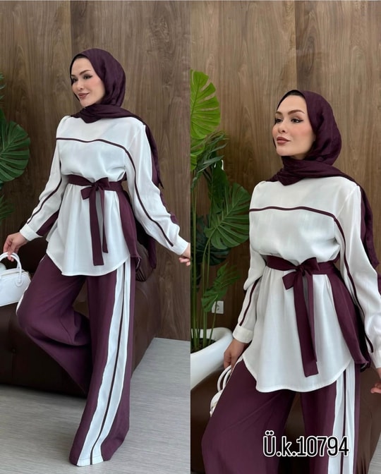 HR-0887H&R ButikPW- Zilana Çizgi Detaylı Takım Bordo