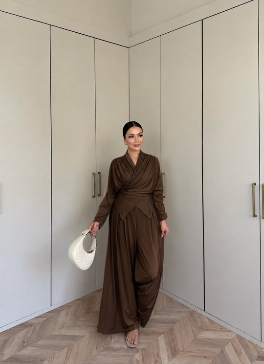 HR-2746H&R ButikQas - Fisa Ön Büzgülü Sandy Takım Acı Kahve