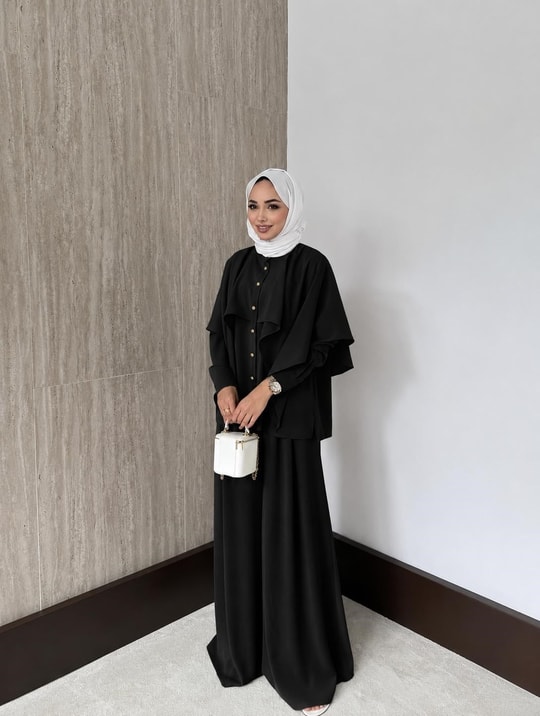 HR-1272H&R ButikQu- Dinala Pelerin Detaylı Takım Siyah