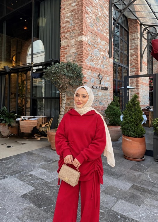 HR-3217H&R ButikQu- Mina Büzgülü Eşofman Takımı Kırmızı