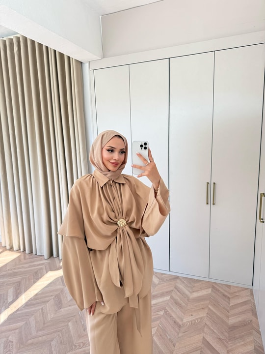 HR-1243H&R ButikQu- Robe Modal Takım Bej