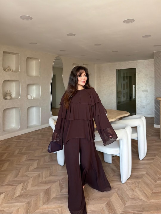 HR-1368H&R ButikQu - Şiza Üst Kat Kat Şifon Takım Acı Kahve