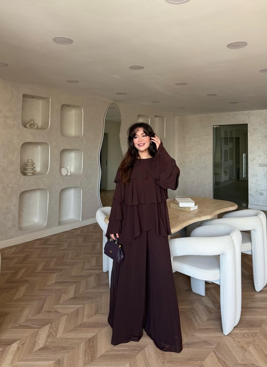HR-1367H&R ButikQu - Şiza Üst Kat Kat Şifon Takım Acı Kahve
