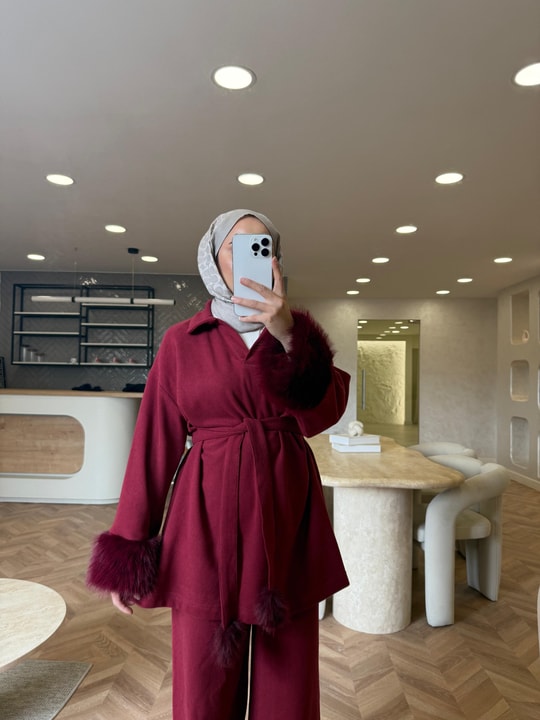 TAKM-1846H&R ButikRoy Ön V Peluş Detaylı Takım Bordo