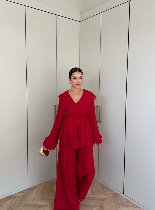 HR-2728H&R ButikRu - Rüla Şifon Takım Kırmızı