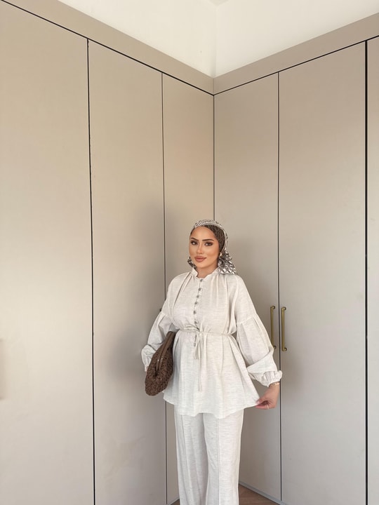 TAKM-1976H&R ButikSelenay Düğme Detaylı Keten Takım Bej