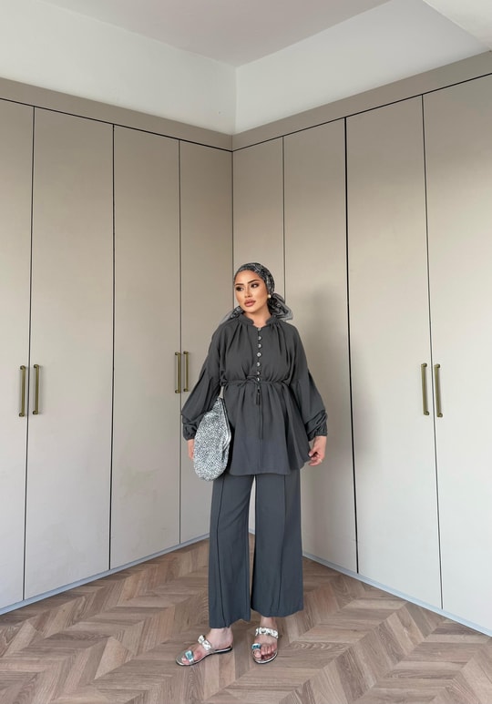 TAKM-1976H&R ButikSelenay Düğme Detaylı Keten Takım Antrasit