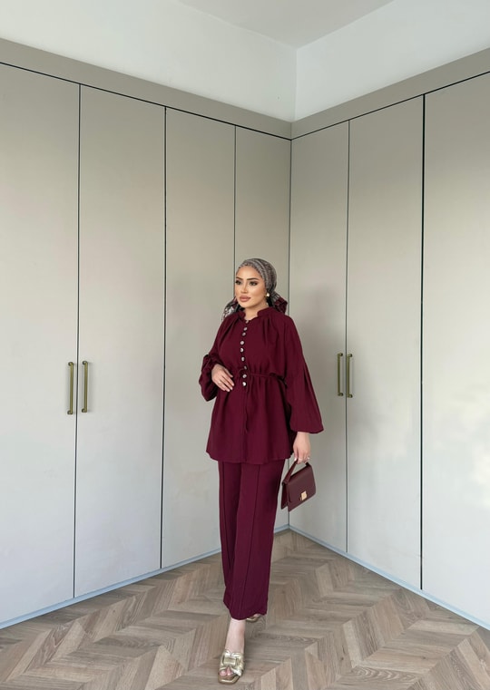 TAKM-1976H&R ButikSelenay Düğme Detaylı Keten Takım Bordo