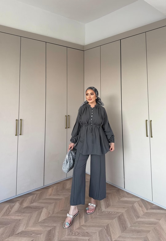 TAKM-1976H&R ButikSelenay Düğme Detaylı Keten Takım Antrasit