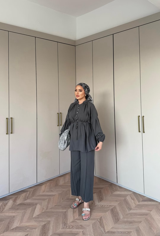TAKM-1976H&R ButikSelenay Düğme Detaylı Keten Takım Antrasit