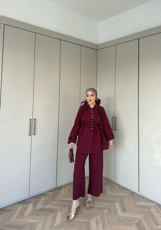 TAKM-1976H&R ButikSelenay Düğme Detaylı Keten Takım Bordo
