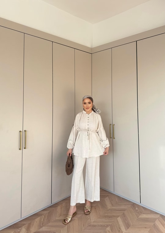 TAKM-1976H&R ButikSelenay Düğme Detaylı Keten Takım Bej