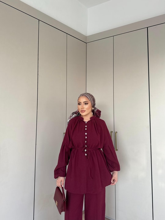 TAKM-1976H&R ButikSelenay Düğme Detaylı Keten Takım Bordo