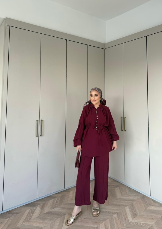 TAKM-1976H&R ButikSelenay Düğme Detaylı Keten Takım Bordo