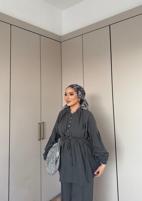 TAKM-1976H&R ButikSelenay Düğme Detaylı Keten Takım Antrasit