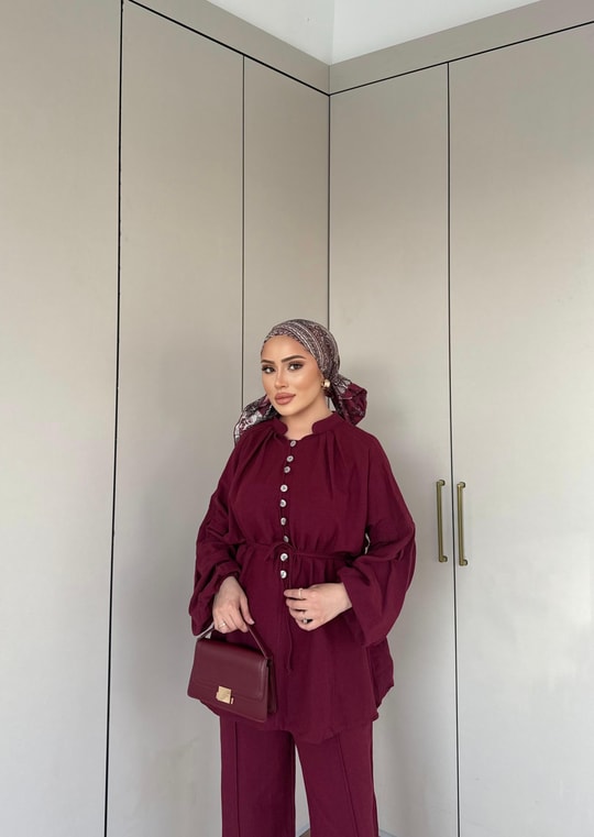 TAKM-1976H&R ButikSelenay Düğme Detaylı Keten Takım Bordo