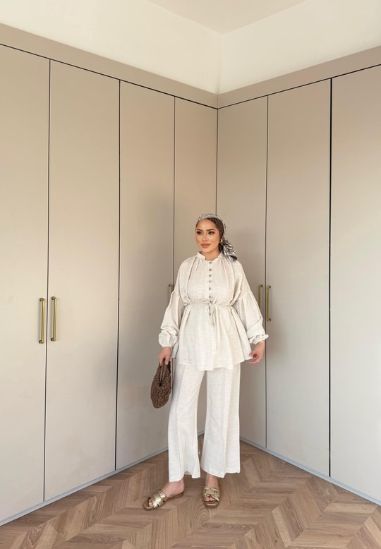 TAKM-1976H&R ButikSelenay Düğme Detaylı Keten Takım Bej