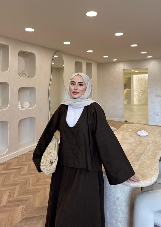 TAKM-2018H&R ButikSimge Keten Etekli Takım Kahverengi