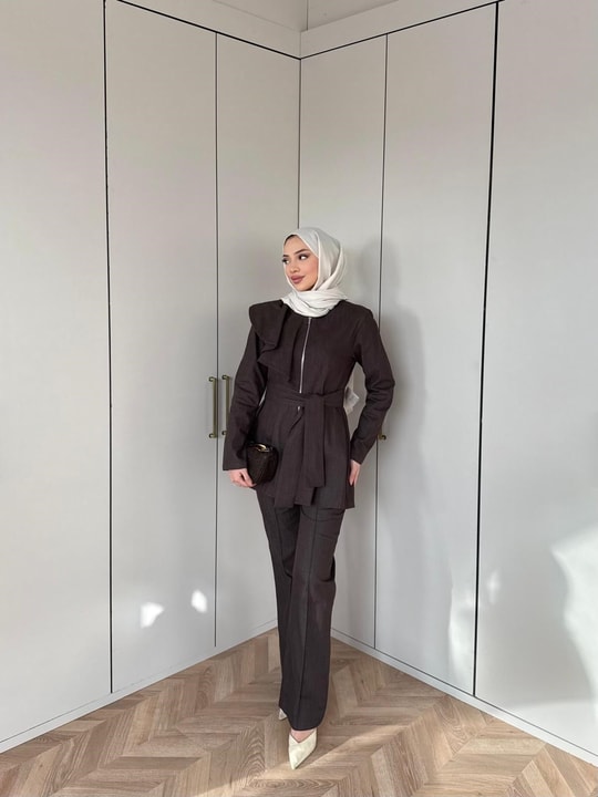 HR-1160H&R ButikSov- Ön Fermuarlı Kot Takım Acı Kahve