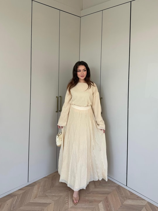 HR-1339H&R ButikTb - 3347 Eylül vual Etekli Takım Bej