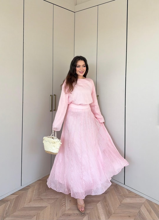 HR-1339H&R ButikTb - 3347 Eylül vual Etekli Takım Pembe