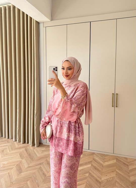 HR-1536H&R ButikTB - Ahla Etnik Desen Saten Takım Pembe
