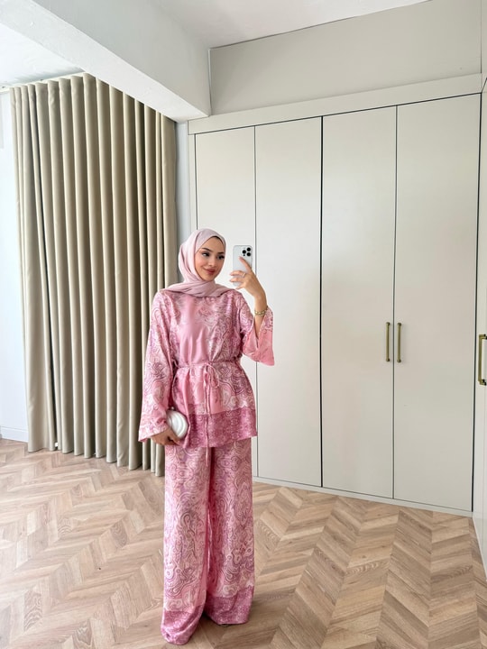 HR-1536H&R ButikTB - Ahla Etnik Desen Saten Takım Pembe