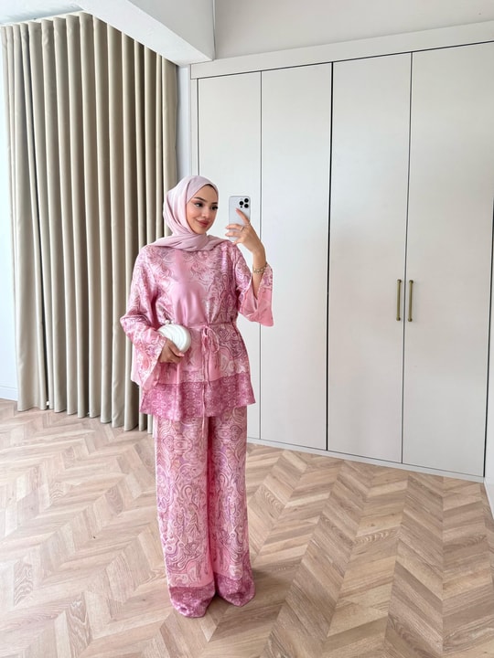 HR-1536H&R ButikTB - Ahla Etnik Desen Saten Takım Pembe