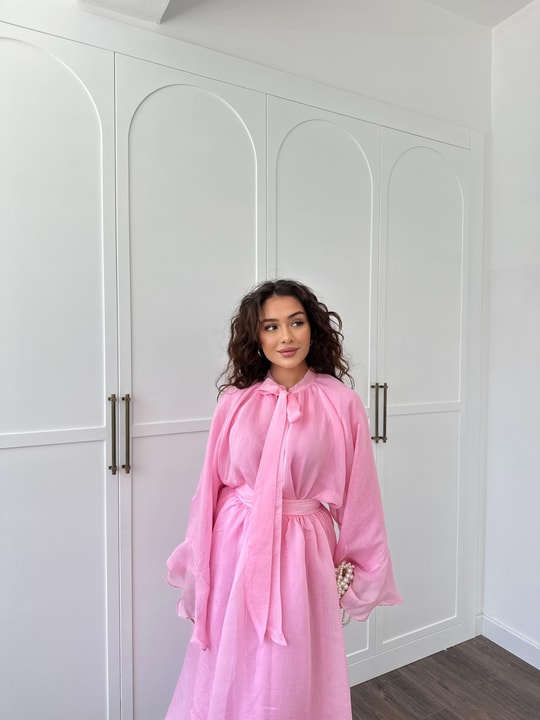 HR-1308H&R ButikTb - Fibela Ön Bağlamalı Etekli Takım Pembe