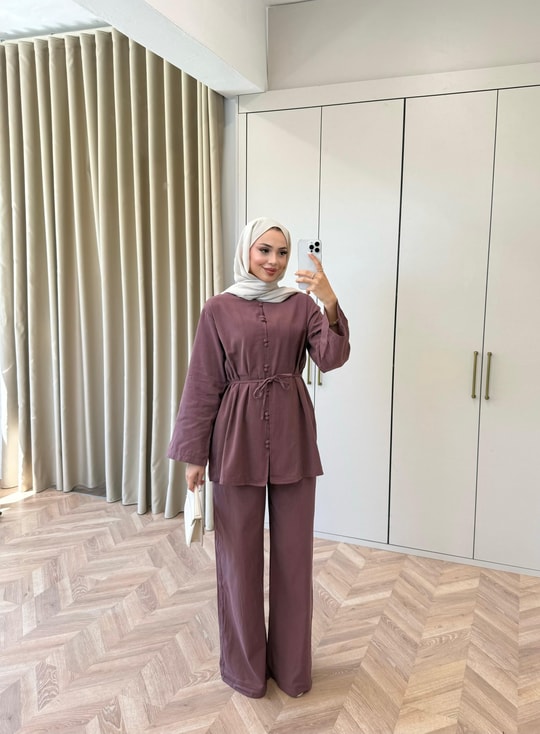 HR-1399H&R ButikTb- Firse Ön 2 Düğmeli Keten Takım Mürdüm