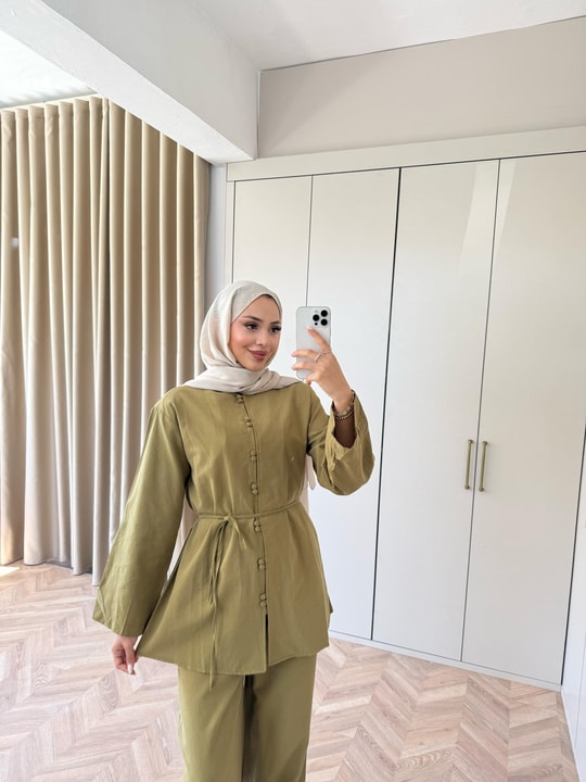 HR-1399H&R ButikTb- Firse Ön 2 Düğmeli Keten Takım Yağ Yeşili