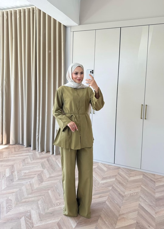 HR-1399H&R ButikTb- Firse Ön 2 Düğmeli Keten Takım Yağ Yeşili