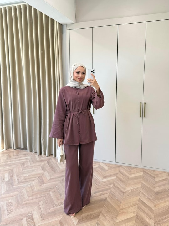 HR-1399H&R ButikTb- Firse Ön 2 Düğmeli Keten Takım Mürdüm