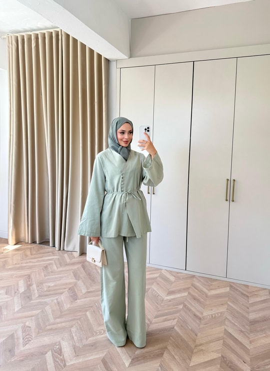 HR-1396H&R ButikTb- Güza Yan Düğme Detaylı Keten Takım Mint