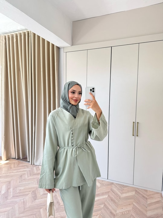 HR-1396H&R ButikTb- Güza Yan Düğme Detaylı Keten Takım Mint