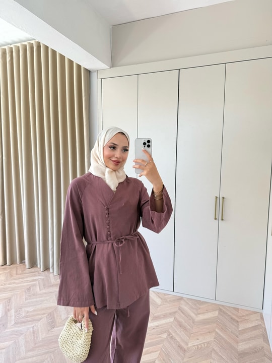 HR-1396H&R ButikTb- Güza Yan Düğme Detaylı Keten Takım Kahve