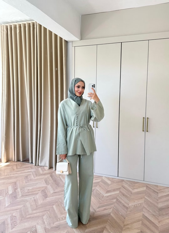 HR-1396H&R ButikTb- Güza Yan Düğme Detaylı Keten Takım Mint