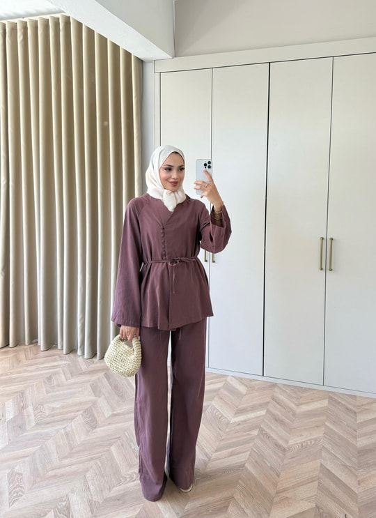 HR-1396H&R ButikTb- Güza Yan Düğme Detaylı Keten Takım Kahve