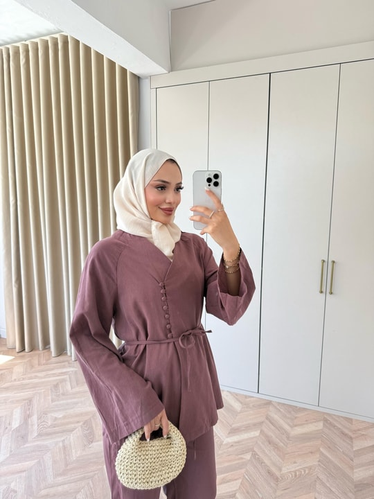 HR-1396H&R ButikTb- Güza Yan Düğme Detaylı Keten Takım Kahve