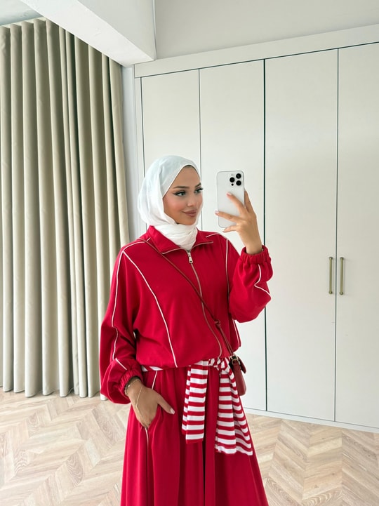 HR-3023H&R ButikTB - Jima Çizgi Detaylı Oysh Etekli Takım Kırmızı