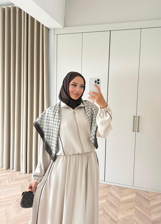 HR-3023H&R ButikTB - Jima Çizgi Detaylı Oysh Etekli Takım Bej